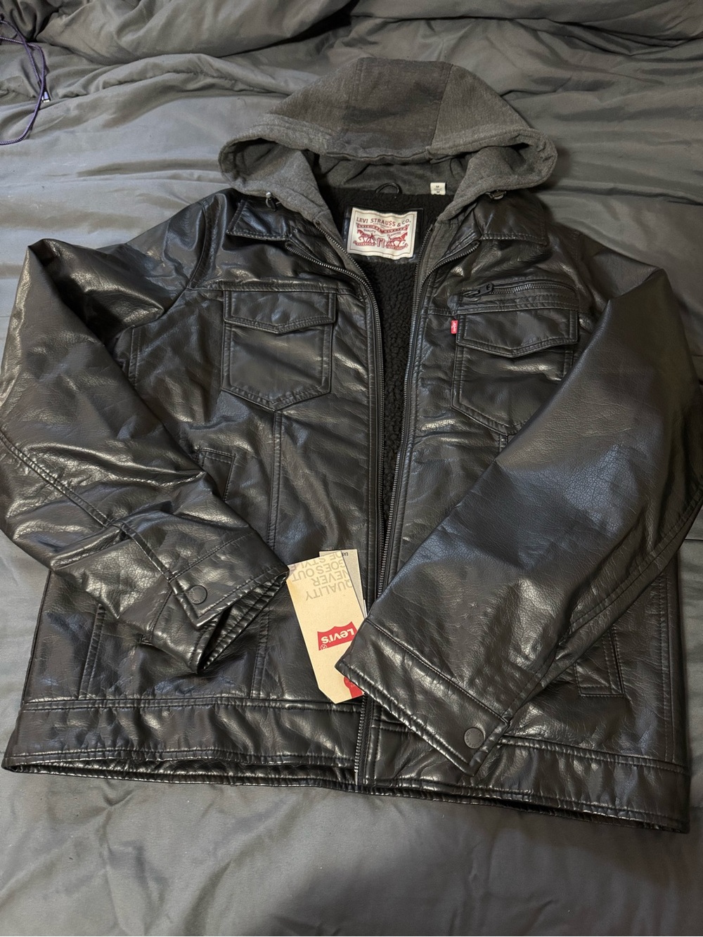 Levi's Black Faux Leather Hooded Jacket with Sherpa Lining